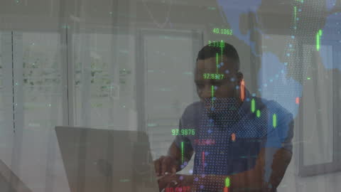 Businessman Using Laptop with Financial Market Projections