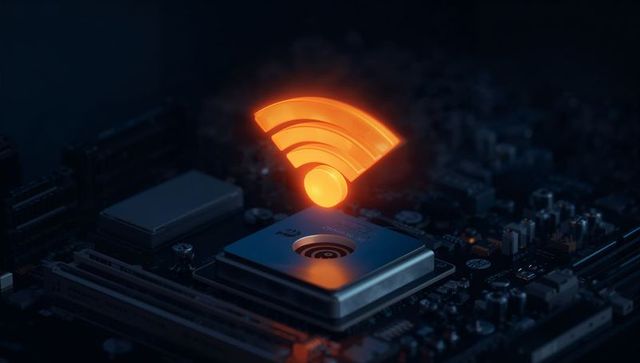 Glowing wi-fi symbol on circuit board illustrating connectivity