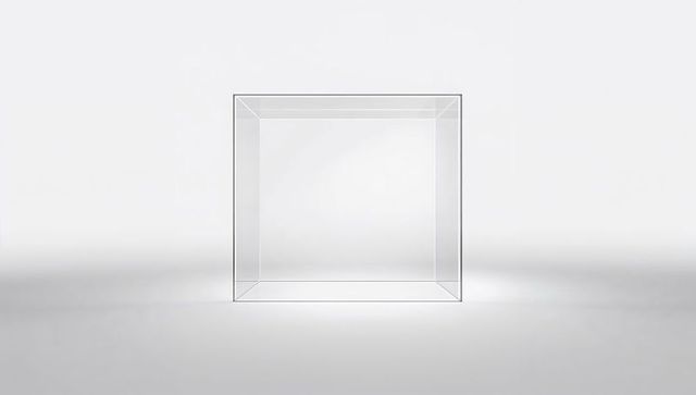 Showcasing Transparent Glass Cube with Sharp Edges and Symmetry on Pale Gray Background