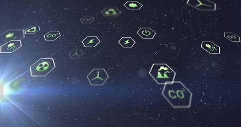 Floating holographic energy icons over starfield with solar flare and co symbols