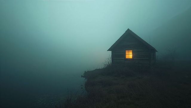 Solitary wooden cabin with glowing window in foggy wilderness