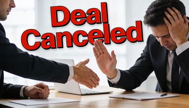 Asian businessman refusing handshake holding head with deal canceled banner