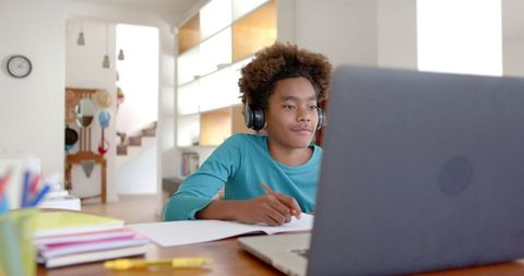 Boy Wearing Headphones Engaged in Online Learning at Home - Download Free Stock Images Pikwizard.com