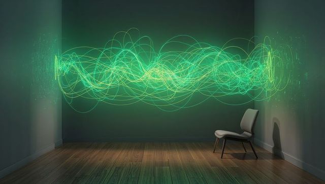 Glowing neon-green waveform spanning wall, illuminating minimalist gallery with lone chair