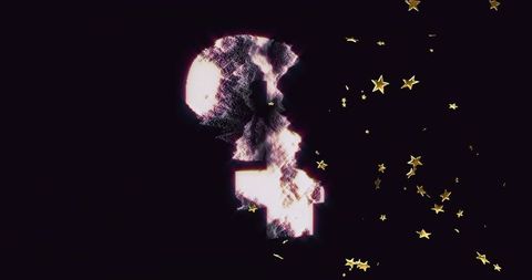 Pulsing pixelated glyph glowing over grainy purple void scattering gold star confetti