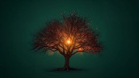 Magical Leafless Tree with Glowing Orb and Twinkling Lights