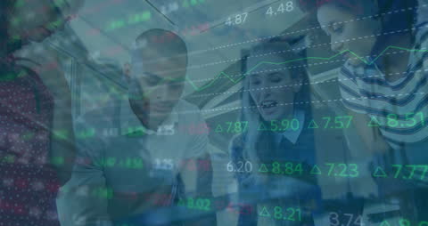 Financial Data Overlaid on Diverse Team Collaborating in Modern Office