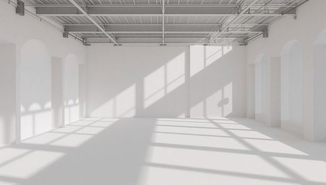 Sunlit minimalist industrial loft interior with shadow grid and arched windows