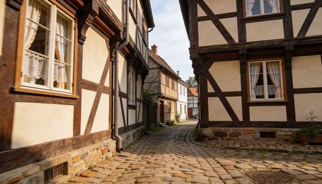 Winding cobblestone lane curving through historic timber-framed village with lace curtains