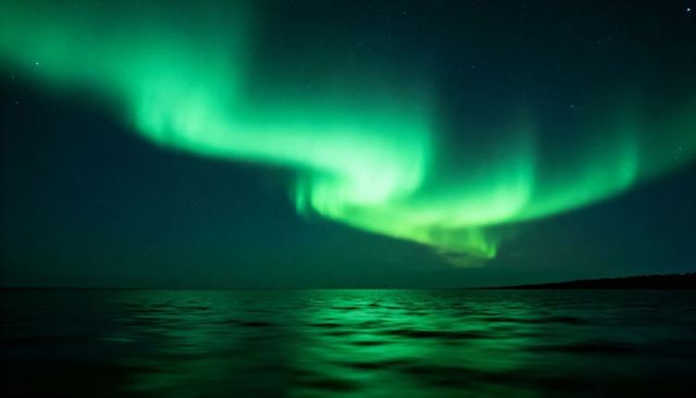 Aurora borealis glowing over calm arctic sea reflecting emerald light