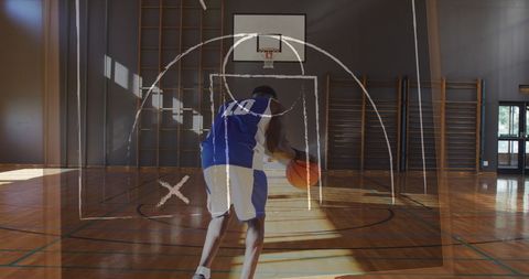Virtual basketball strategy overlay with player dribbling in gym