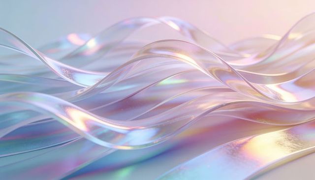 Flowing iridescent ribbon waves glassy pastel abstract pearlescent dreamy landscape