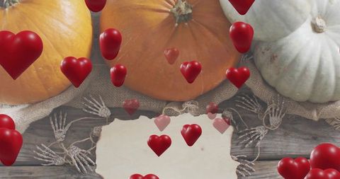 Rustic Halloween Pumpkin Arrangement with Floating Red Hearts and Paper Bone Garland