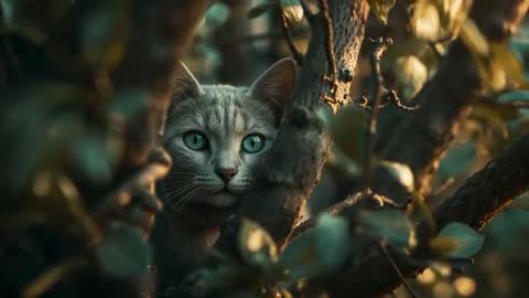 Gray Tabby Cat Observing from Tree with Intense Green Eyes