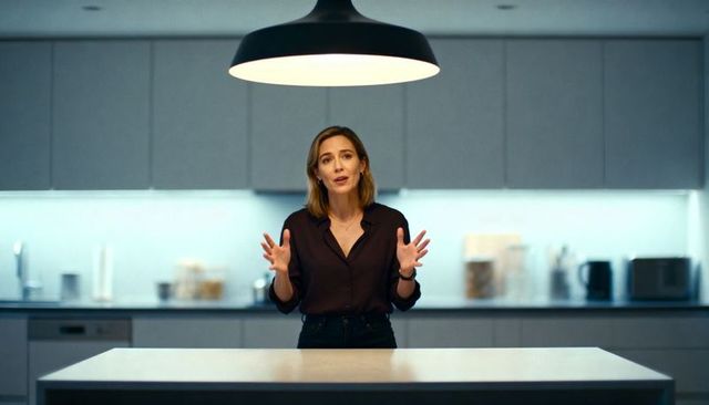 Woman presenting at modern minimalist kitchen island under large pendant lamp