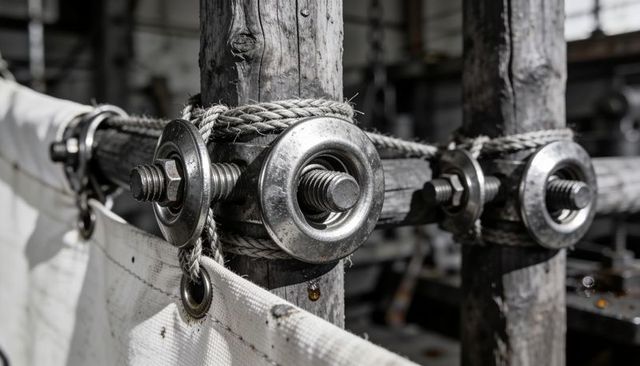 Bolt and washer clamping rope and tarp to weathered wooden posts in industrial workshop