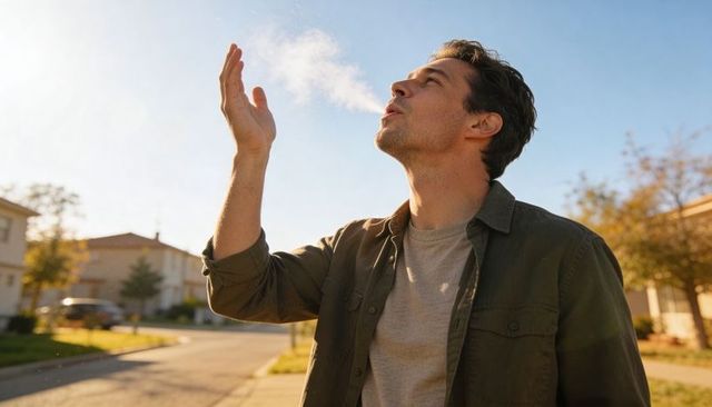 Man exhaling visible breath vapor on sunny suburban street wearing olive overshirt and grey tee
