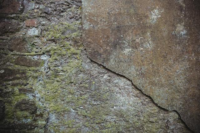 This image captures a close-up of a weathered stone wall with patches of moss, showcasing its rough texture and earthy tones. Ideal for use in backgrounds, design projects, or as a rustic element in architectural presentations.