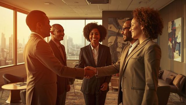 Diverse business team sealing agreement in modern office