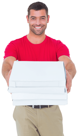 smiling delivery person handling transparent pizza boxes - Download Free Stock Videos Pikwizard.com
