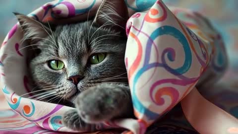 Cute Gray Cat in Cozy Swirl-Patterned Blanket