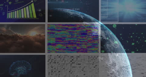 Digital Technology Collage with Globe and Data Visualization