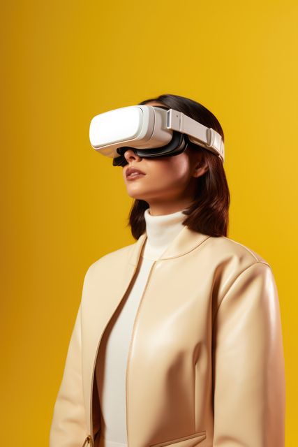 Woman wearing a virtual reality headset, standing against a bright yellow background. Represents technology, innovation, and modern tech gadgets. Ideal for ads, articles, or promotions related to VR technology, gaming, futuristic experiences, or digital advancements.