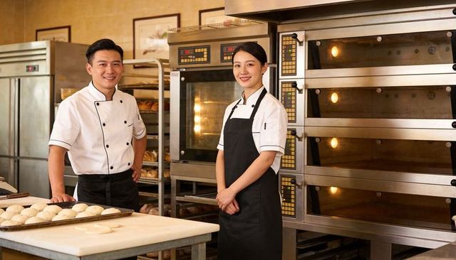 Smiling bakers standing by prep table holding tray of dough near industrial ovens, artisan
