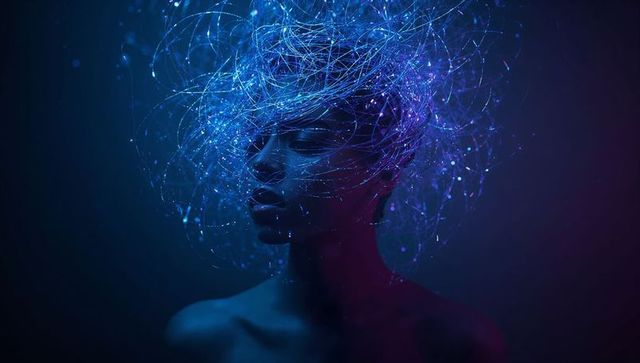Ethereal model wearing glowing fiber-optic halo, neon blue portrait, futuristic beauty