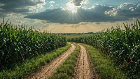 Long dirt road through lush cornfield under dramatic clouds