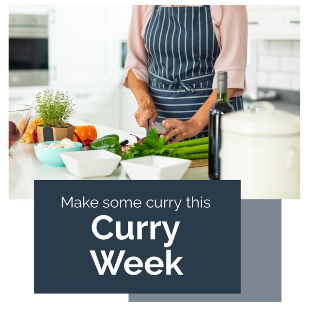 Square image of national curry week text with caucasian women cooking curry. National curry week campaign.