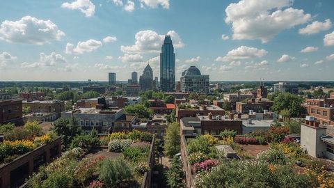 Charlotte urban skyscraper with rooftop gardens under blue sky