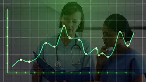 Medical Professionals Analyzing Financial Data Overlaid with Graph