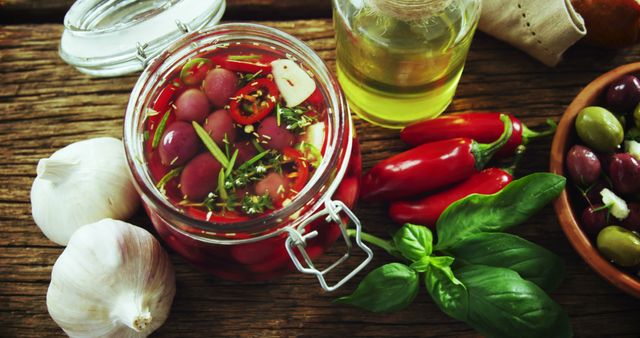 Homemade Pickled Vegetables and Herbs on Rustic Wooden Table - Download Free Stock Images Pikwizard.com