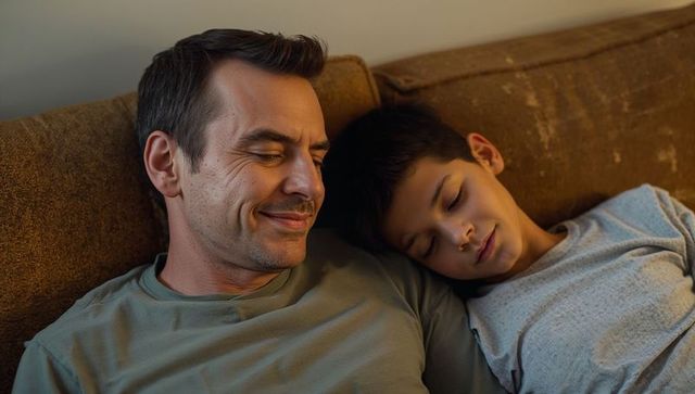 Dad resting with son on couch sharing quiet bedtime moment of warmth and closeness