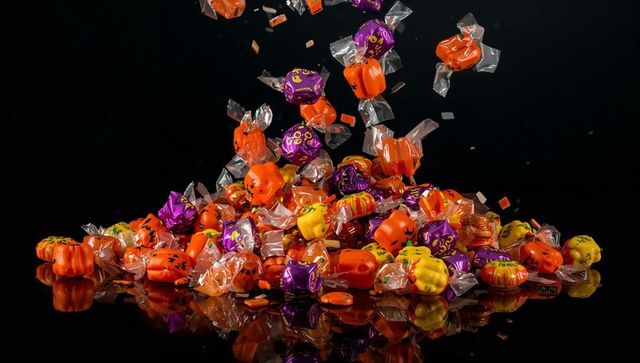 Flying halloween candy corn and pumpkins in mid-air