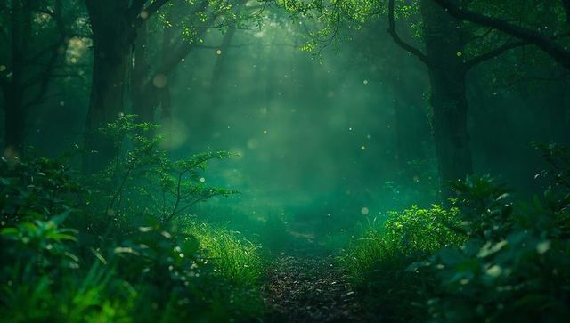 Sunlight Streaming Through Canopy Illuminating Misty Forest Path With Glowing Ferns and Dewy Moss