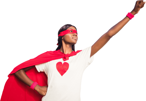 Confident Superhero Woman in Red Costume on Transparent Background