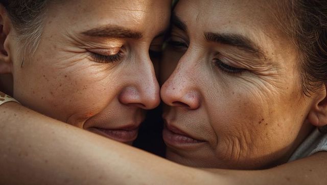 Closeup of middle-aged couple embracing, tender forehead touch celebrating mature love