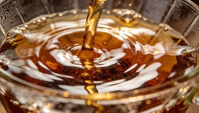 Pouring amber syrup creating concentric ripples in clear glass bowl macro closeup golden viscous tex