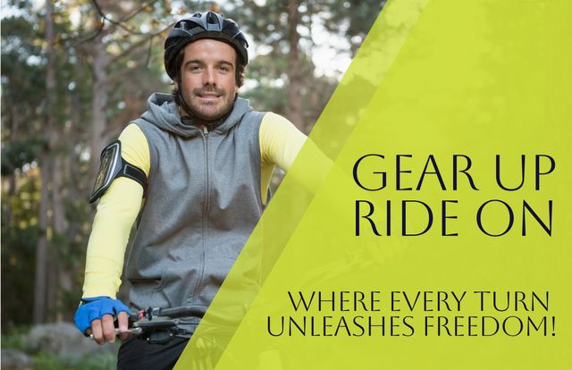 Confident cyclist ready for an adventure, ideal for promoting active lifestyles, fitness campaigns, and outdoor bike riding advertisements. Suitable for health and wellness content, as well as cycling sports promotions.