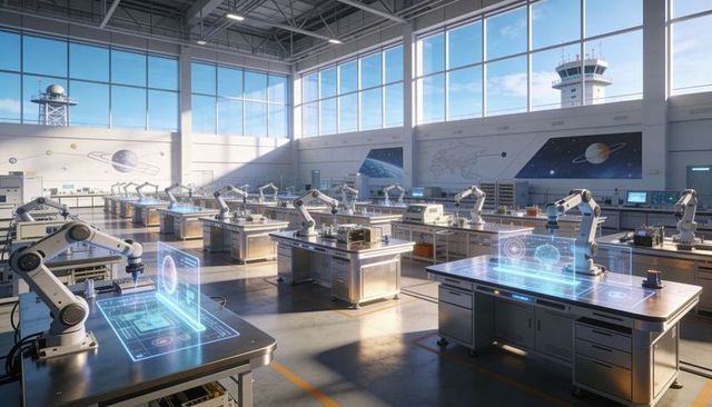 Sunlit aerospace lab with robotic arms and holographic workstations for prototyping