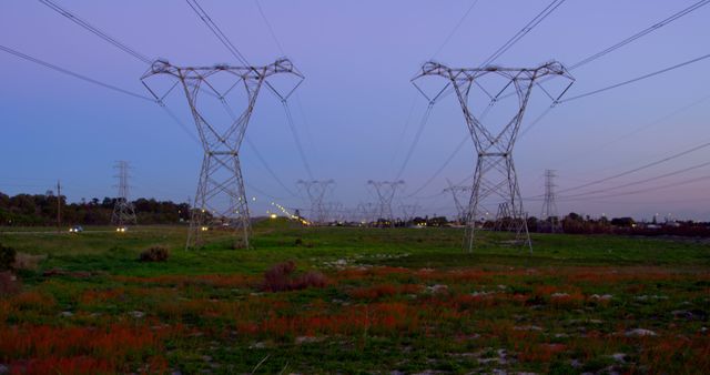 Electricity pylons stretch across a field with vibrant wildflowers at dusk, creating a contrast between nature and industrial infrastructure. The image captures the intersection of human engineering and the natural environment during the tranquil transition from day to night.