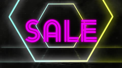 Neon Sale Banner with Hexagonal Shapes on Black Background