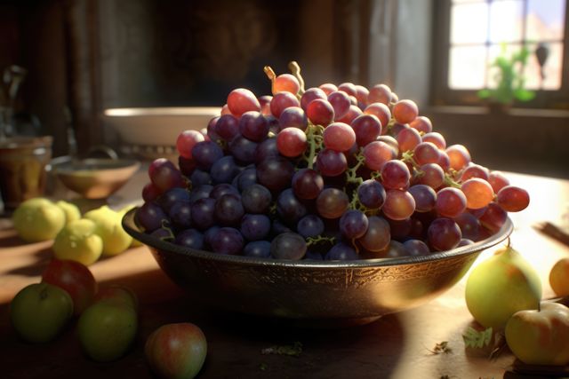 Heaping bowl of fresh red and purple grapes in sunlit kitchen scene with apples. Ideal for food blogs, fall recipes, newsletters, magazines focused on healthy eating, and promoting fresh produce.