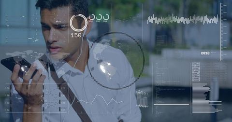 Holding smartphone, listening with wired earbuds, viewing ar data overlay on urban plaza, commuter