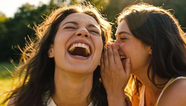 Two young women whispering and laughing in sunlit meadow wearing tank tops at golden hour
