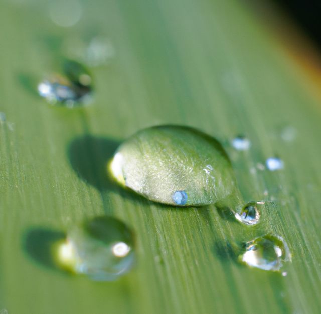 This macro shot of water droplets on a green leaf captures the purity and freshness of nature. Perfect for use in environmental campaigns, wellness advertisements, botanical studies, or as a background in designs requiring a fresh, natural aesthetic.