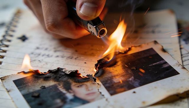 Hand igniting printed photographs with lighter, burning memories, flames and smoke