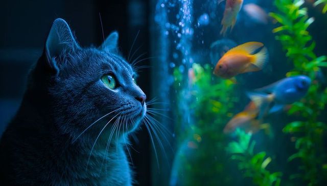 Grey cat staring at colorful tropical fish in planted aquarium with blue ambient light